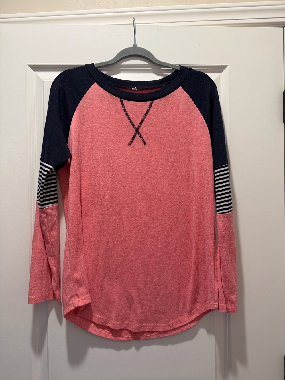 Girls' Pink Raglan Long-Sleeve Top with Navy Accents